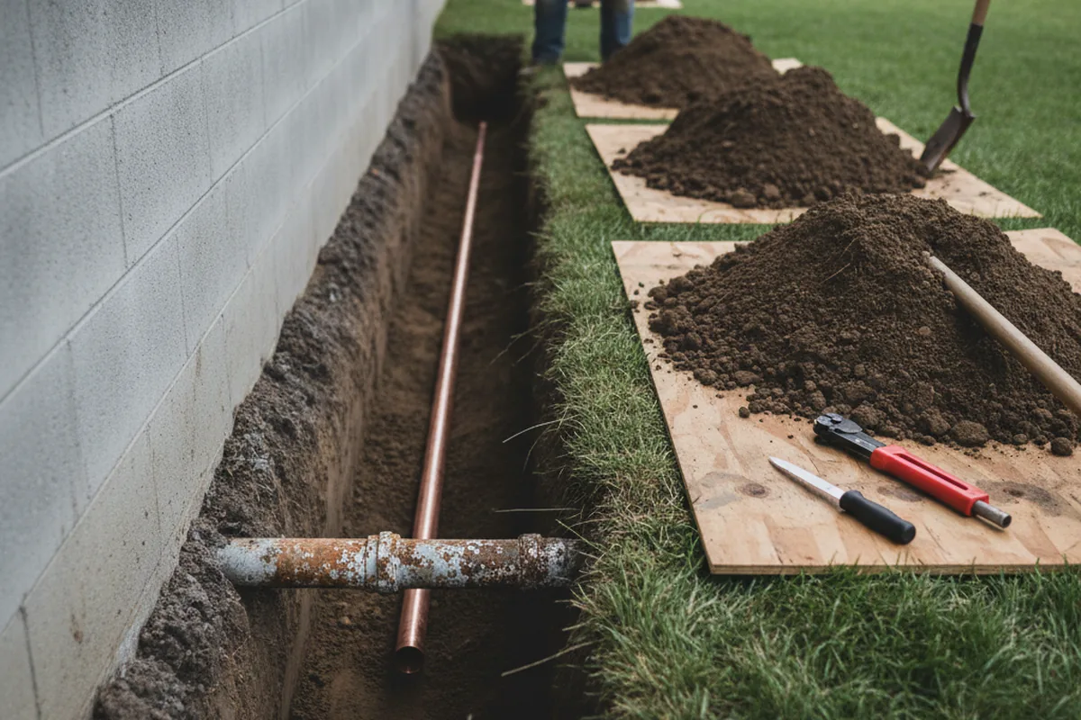 Excavated water line trench during Water Softener Installation in Mound